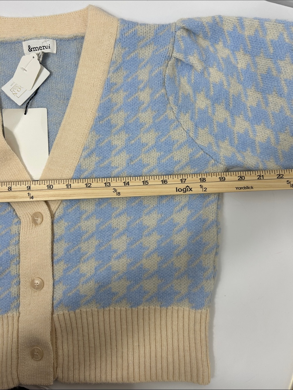 NWT &merci Light Blue Houndstooth Cropped Cardigan Sweater Size M Pastel Prepp - Picture 6 of 7